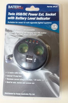 Twin USB/DC Power Extension Socket with Battery Level Indicator